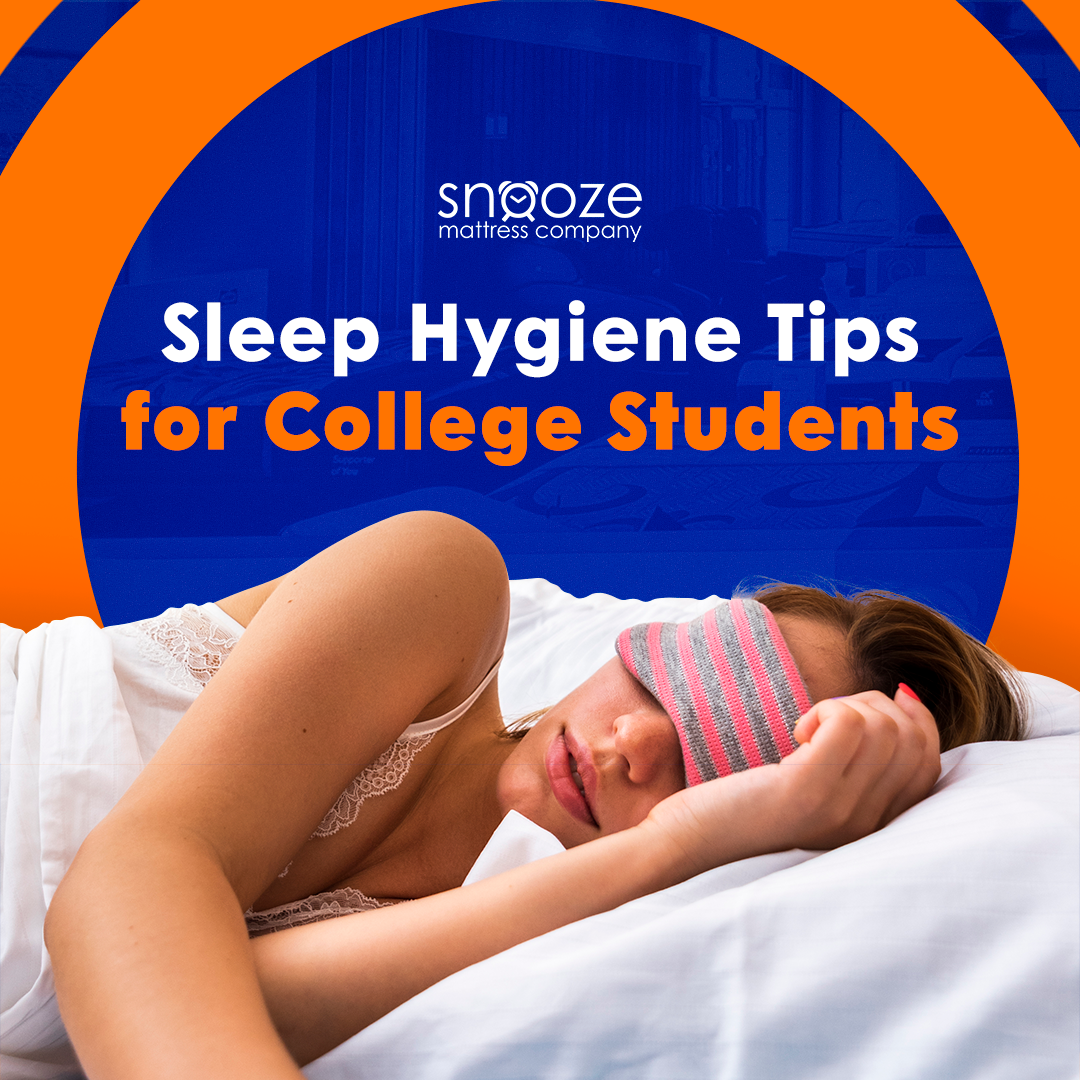 woman with a sleep mask on sleeping on a pillow with the title Sleep Hygiene Tips for College Students